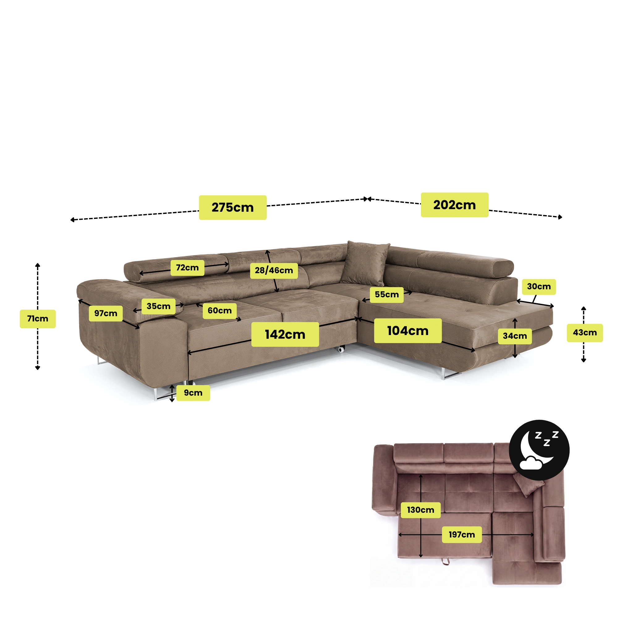 Maßzeichnung Ecksofa ALVARO monolith in L-Form