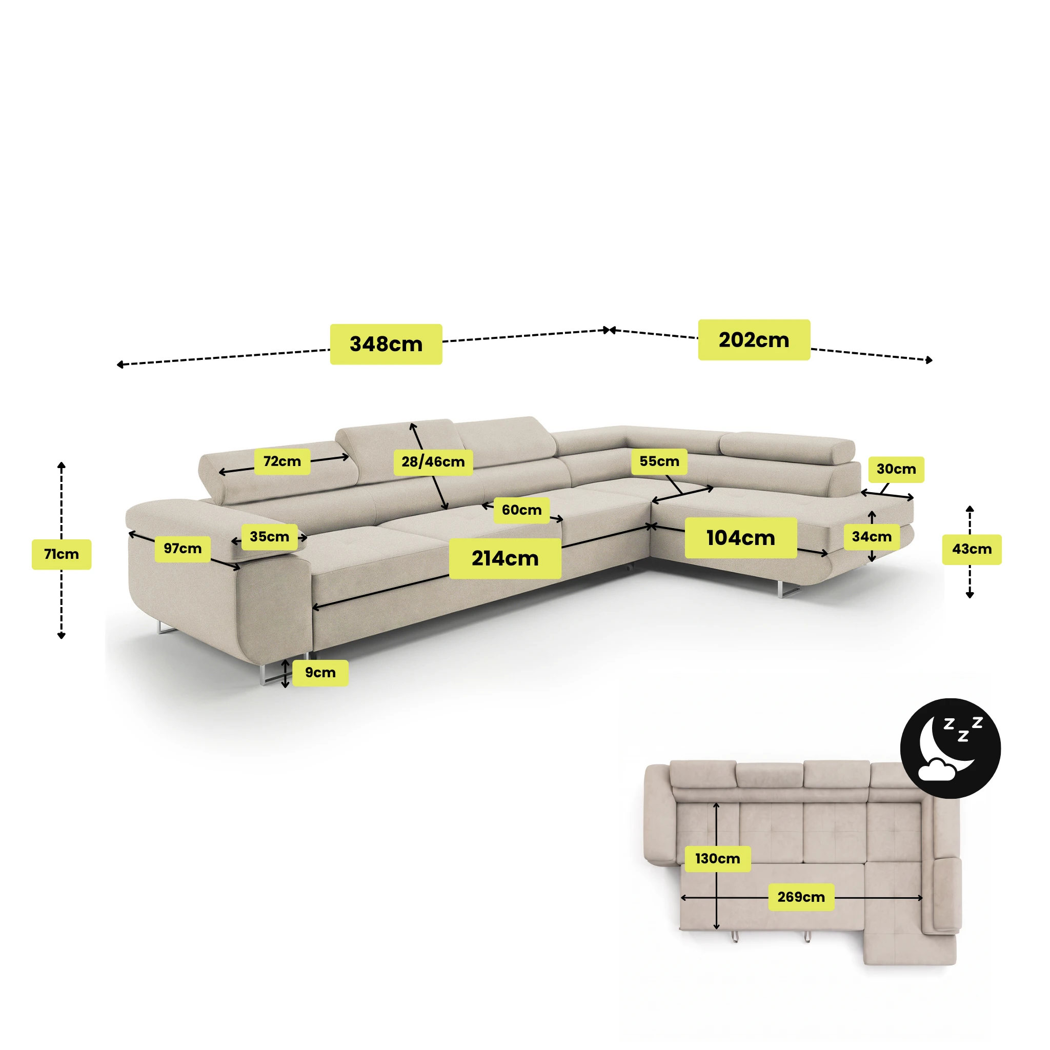 Maßzeichnung Ecksofa ALVARO (LONG, letto)